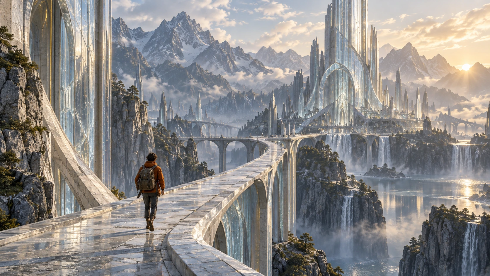 Original demo artwork: Mira crosses a stone bridge into a luminous glass valley