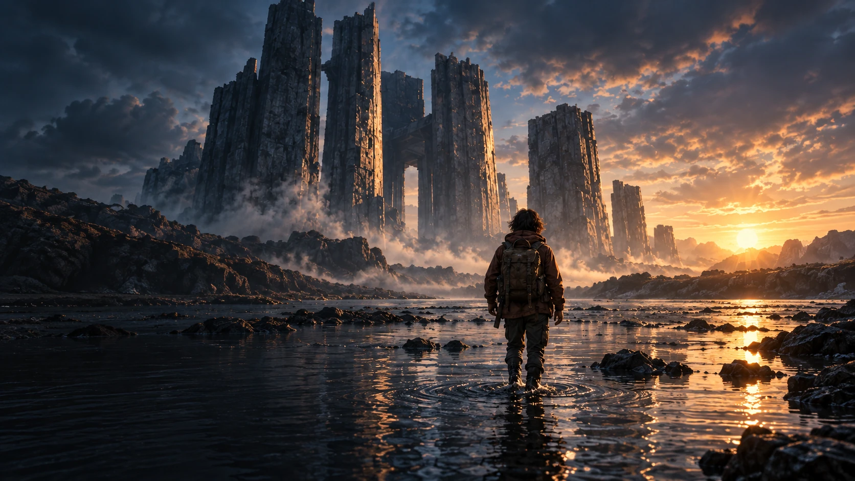 Concept artwork: a lone explorer in shallow water faces monumental stone towers at dawn