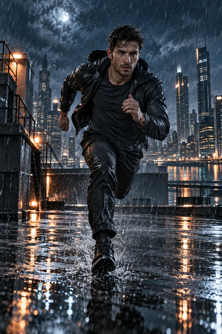 Concept cover: A runner crossing a rain-soaked city rooftop