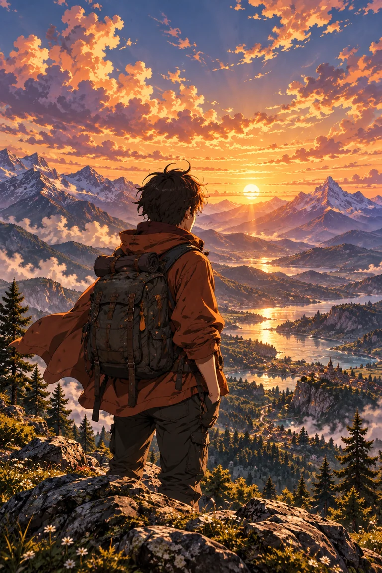 Concept cover: An original anime adventurer overlooking mountains at sunset