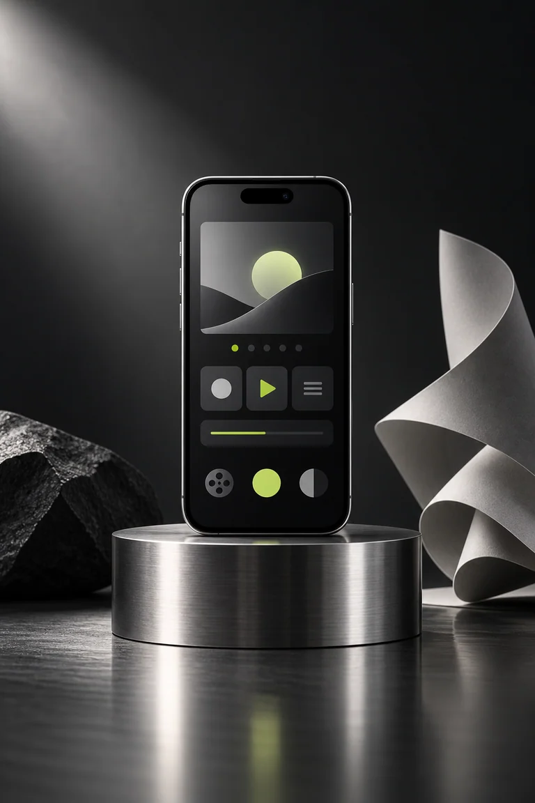 Concept cover: An unbranded phone in a crisp, sculptural product composition