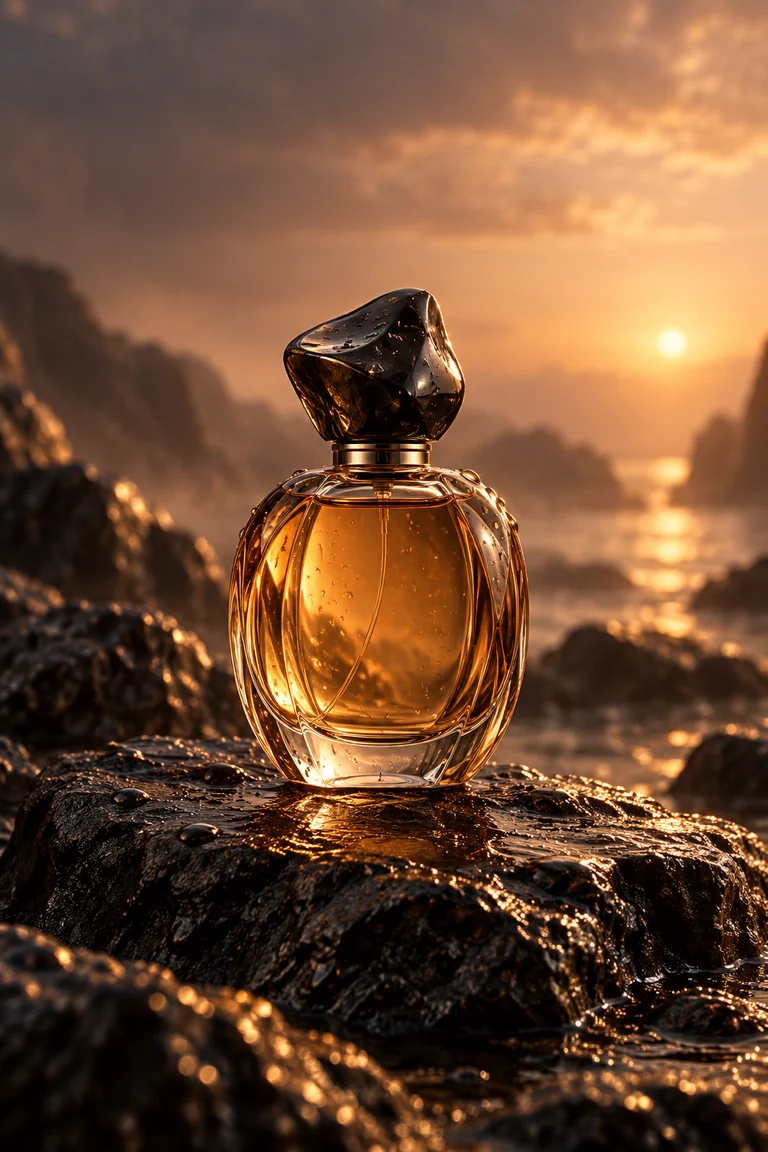 Concept cover: An amber beauty bottle with light refracting through glass