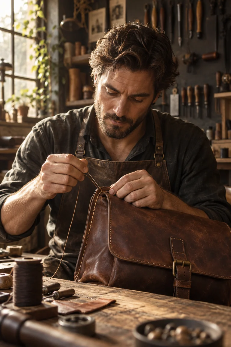 Concept cover: An artisan working leather in a warm traditional workshop