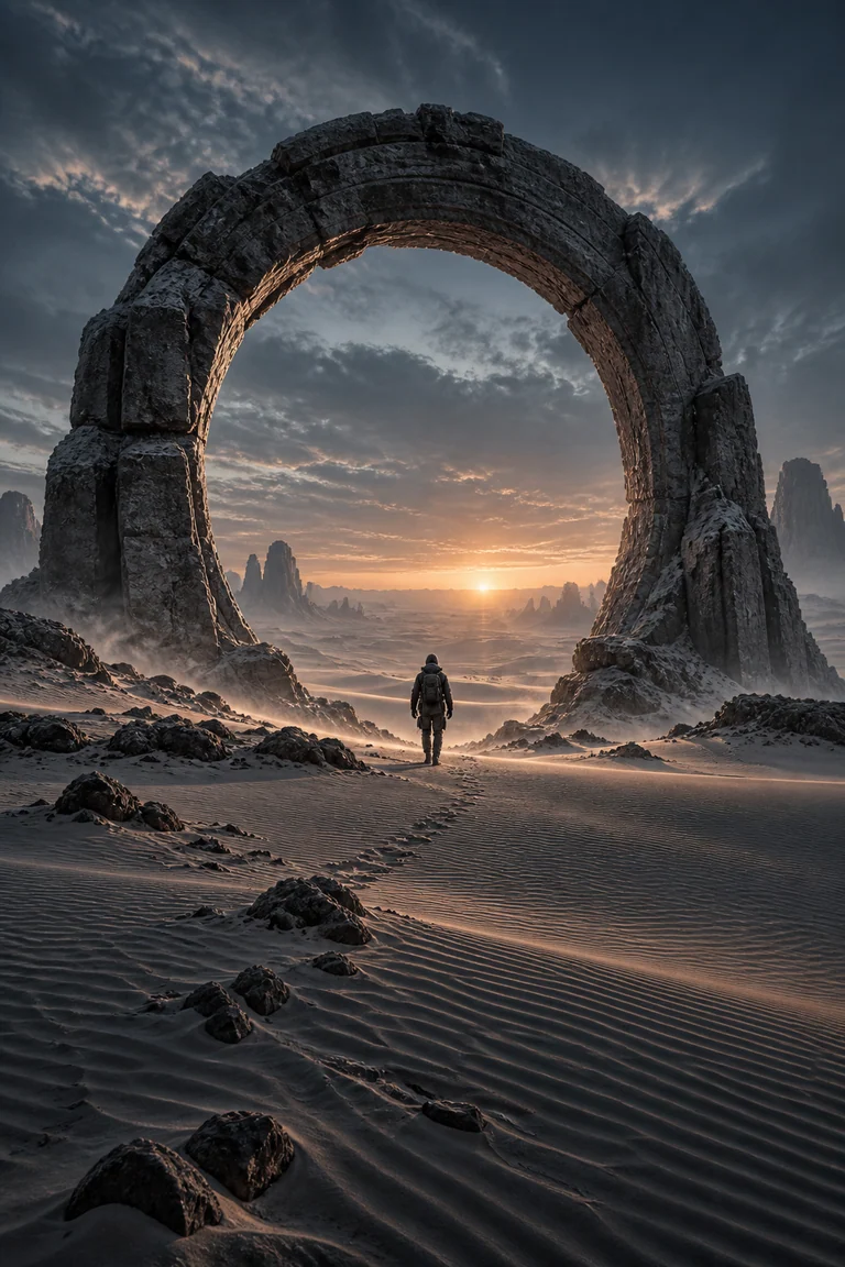Concept cover: An explorer beneath monumental architecture at dawn