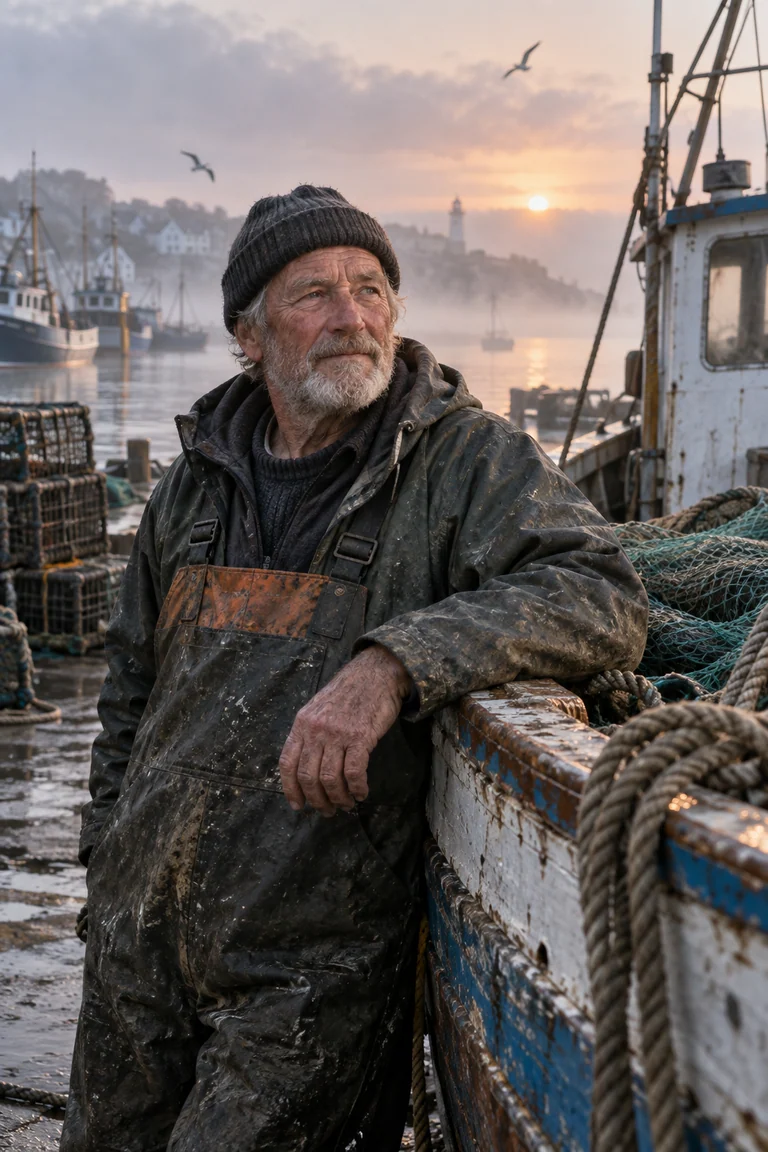 Concept cover: A weathered boat and its owner in a working harbour