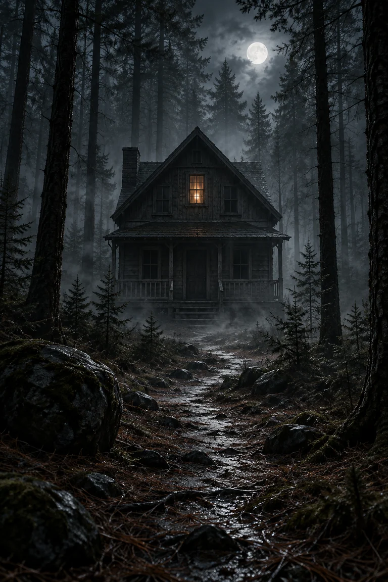 Concept cover: An isolated house with a single lit window in a foggy forest