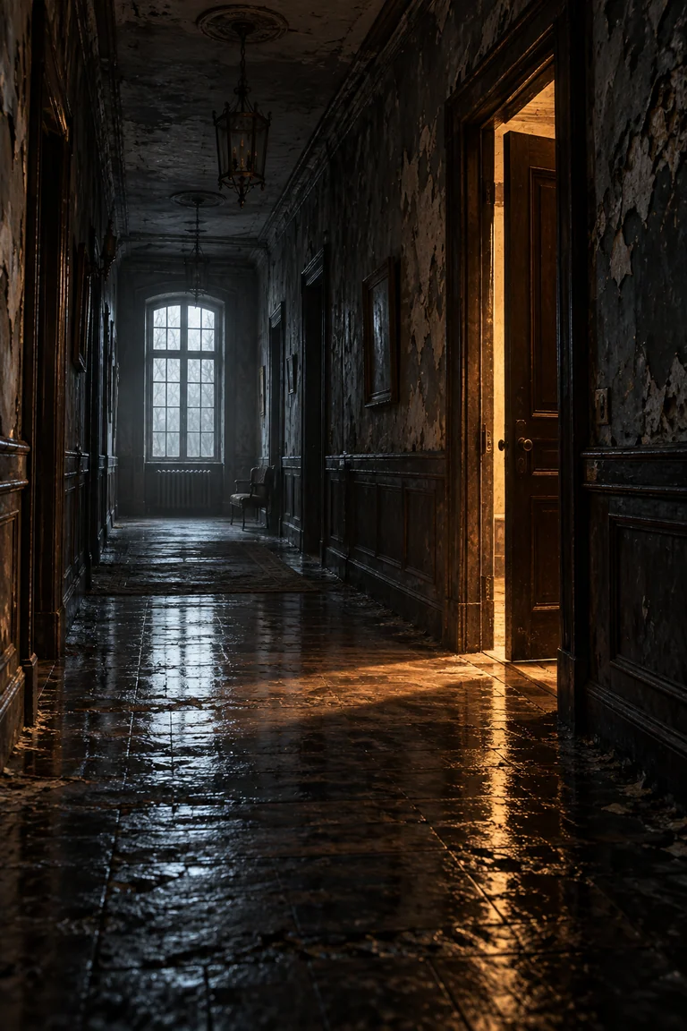 Concept cover: A partly open door in an atmospheric, deserted corridor