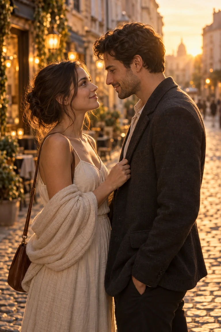 Concept cover: Two people meeting on a quiet street at golden hour