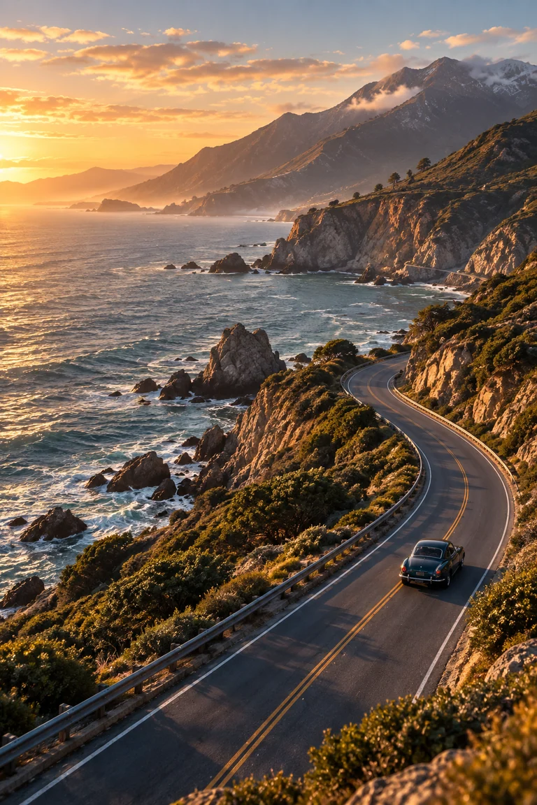 Concept cover: A winding coastal road above the sea at sunset